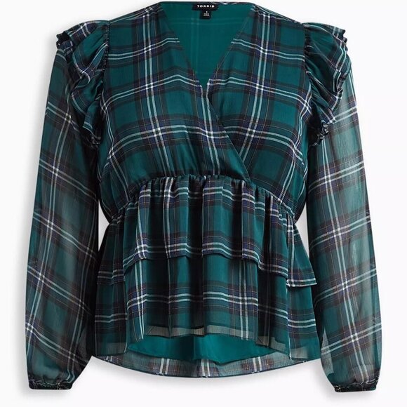 torrid Chiffon Ruffled Surplice Plaid Green Crop Top Sz 1 - Picture 7 of 7